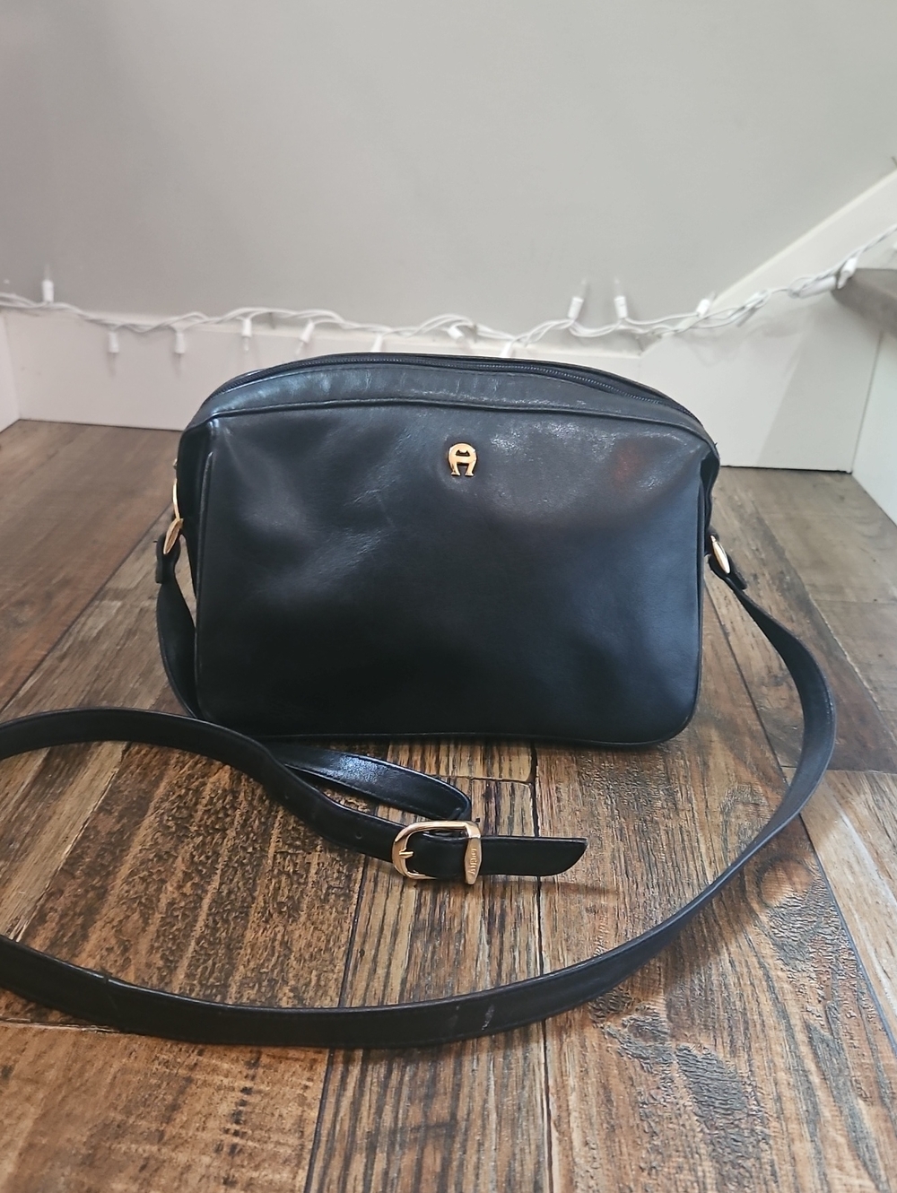 Aigner Etienne Medium Buttery Soft Black Leather Crossbody Bag with Gold Accent